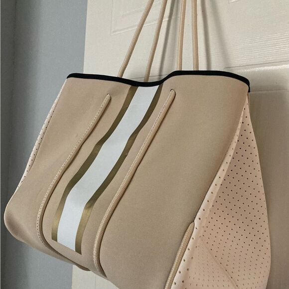 Neoprene Large Hand Bag Tote Purse Beige w/ Gold Black & White Accents - Picture 4 of 5